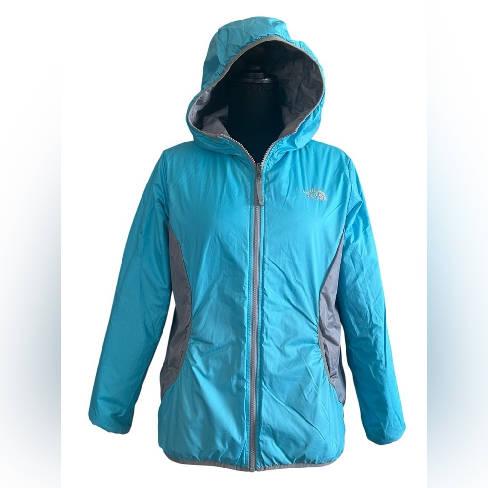 The North Face Reversible Blue Gray Hooded Puffer Jacket Girls XL 18